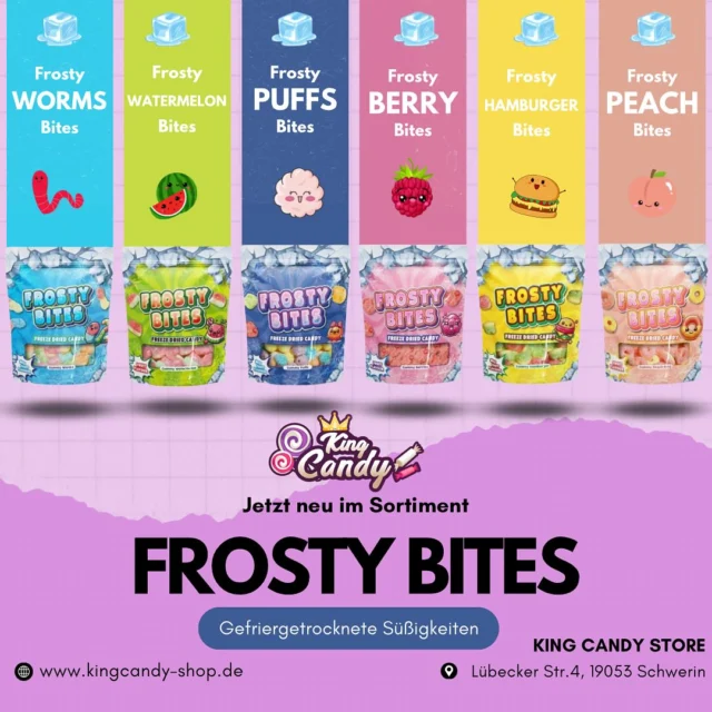 ‼️NEW‼️ Frosty Bites, reinbeißen und frieren. 🥶 6 verschiedene Sorten, was wird dein Favorit? 🤤 #kingcandy #schwerin #candy #parchim #frosty #ludwigslust #sweet #gadebusch #süß